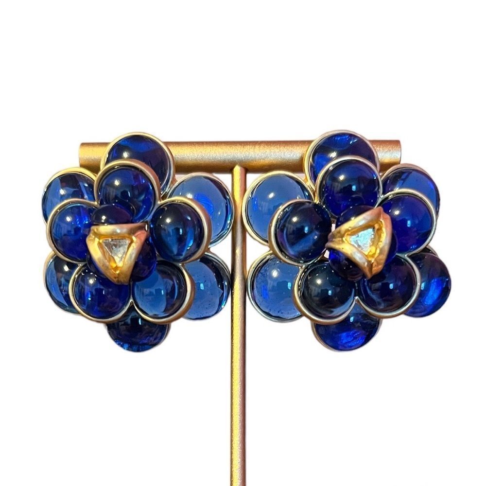 NEW 14K Gold Plated Glass Gripoix Cabochon Blue Camellia Stud Earrings